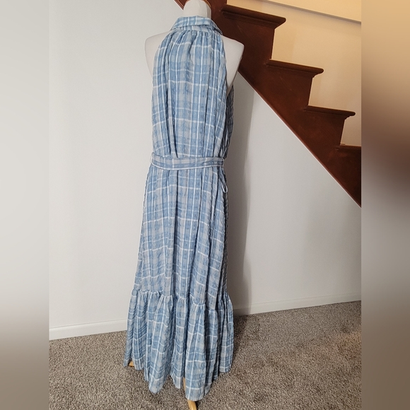 Anthropologie Sleeveless Button Down Shirt Dress Blue Plaid Maxi Tiered XL - Picture 4 of 5